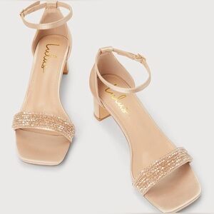 Lulus Kainda Champagne Satin Beaded Sparkle Ankle Strap Nude Heels Size 8
